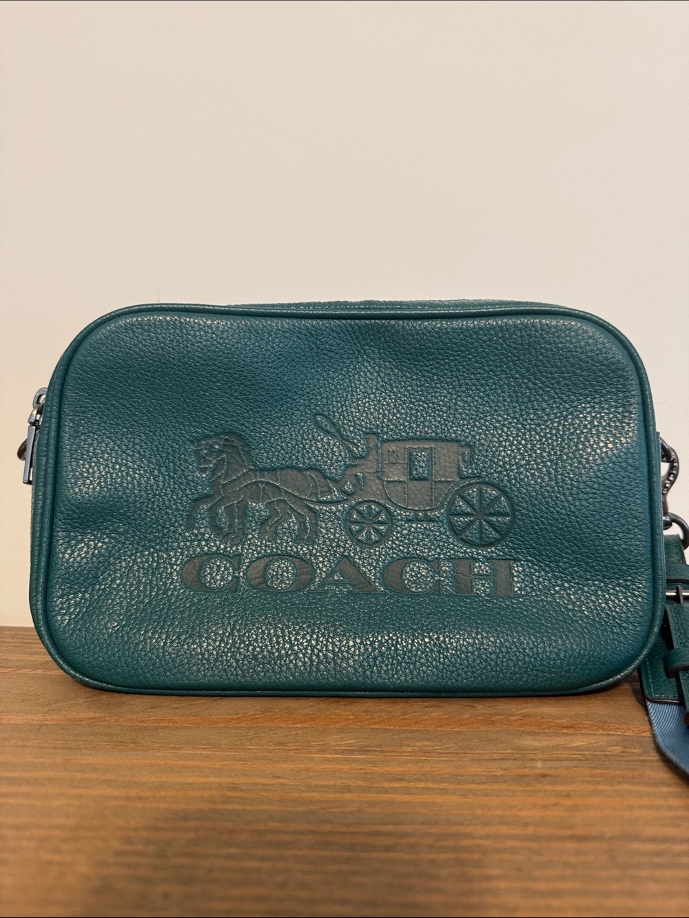 Coach Jes Teal Leather Camera Crossbody with Blue-Purple Strap